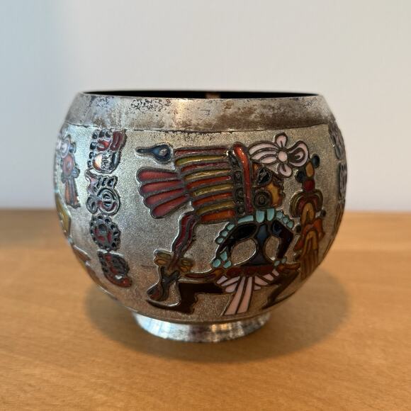 Vintage Miguel Pineda Champleve Enamel Bowl Vase Neo Mayan Mexico Silver Plated - Picture 3 of 7